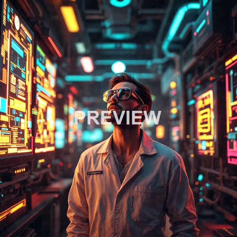 A man wearing glasses and a beige uniform stands amidst a high-tech environment filled with glowing digital displays and neon lights, creating a futuristic and cybernetic atmosphere.